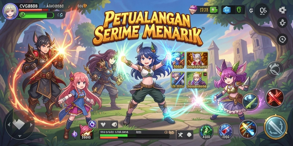 Screenshot menampilkan karakter anime dalam aksi yang seru.