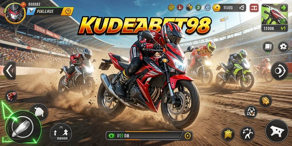 Tampilan gameplay KUDETABET98 dengan motor balap yang melaju kencang.