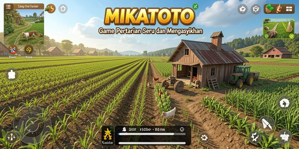 Screenshot gameplay MIKATOTO menunjukkan kebun yang hijau dan aktivitas bertani.