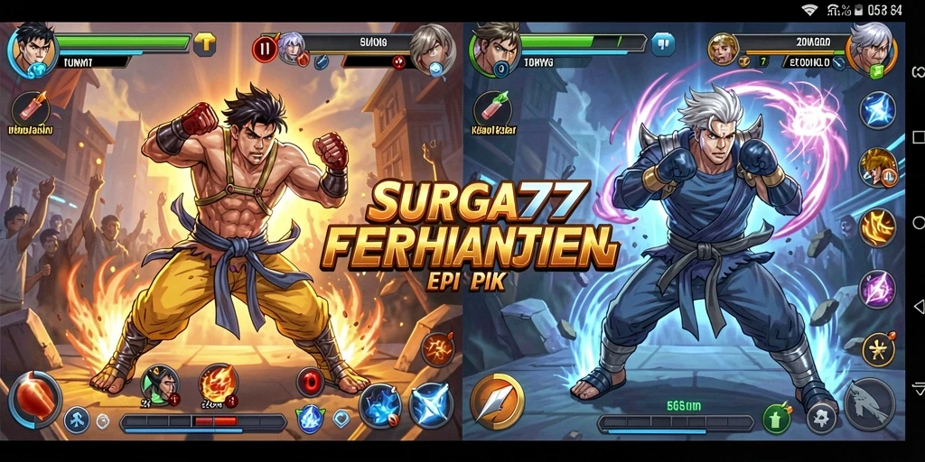 Tampilan gameplay SURGA77 yang mendebarkan dengan karakter bertarung.